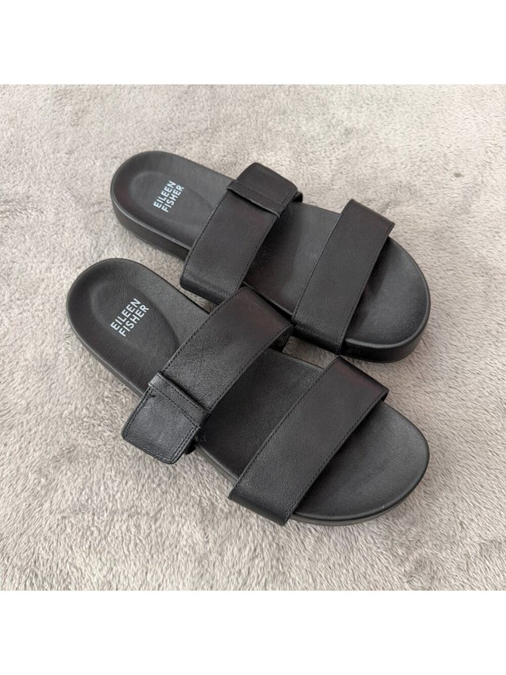 Eileen Fisher Folk Black Leather Sandals Adjustable Womens 8 Shoes Double Strap